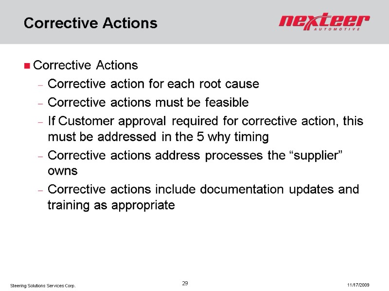 Corrective Actions Corrective Actions Corrective action for each root cause Corrective actions must be
